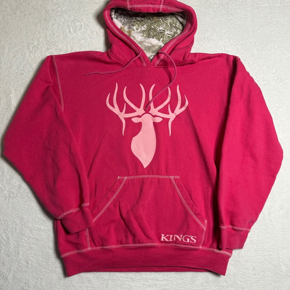 Kings Camo Pink Antler Graphic Hoodie Camouflage Lined Sweatshirt Womens L Y2K